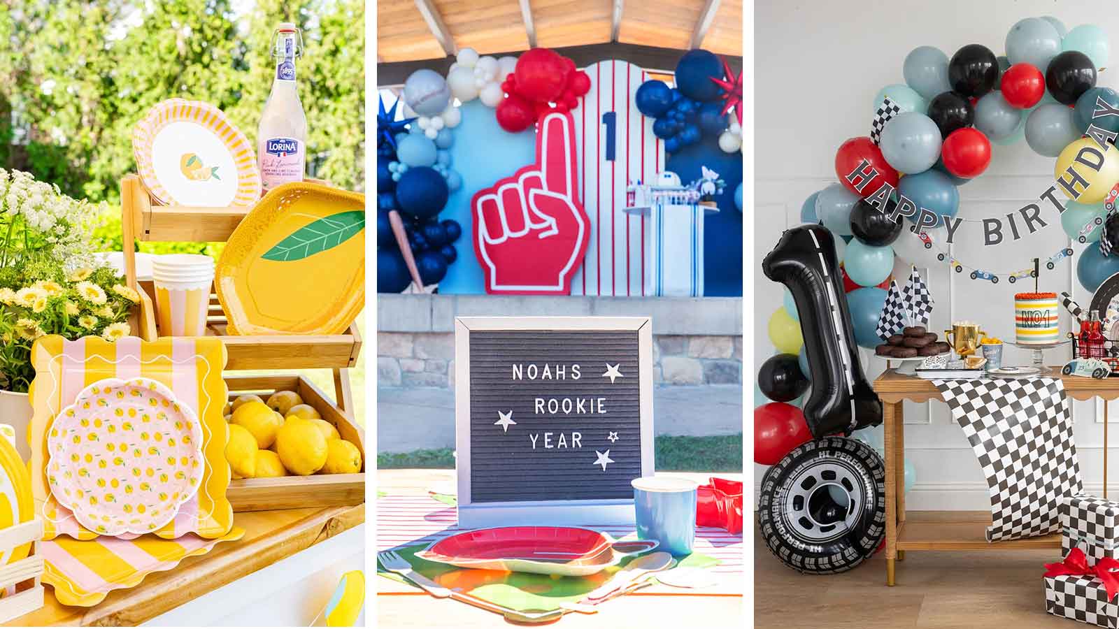 Multiple first birthday party themes for kids by Momo Party including a rookie of the year baseball party, a fast one race car party and a main squeeze lemon themed party