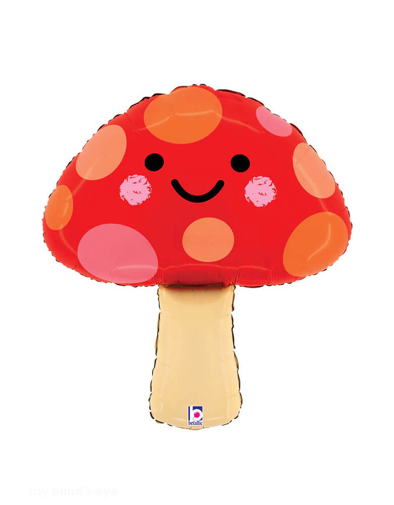 Momo Party's 23" Happy Mushroom Shaped Foil Balloon by Betallic Balloons. Featuring adorable design in bold colors, this cute foil balloon is perfect to the set a scene for kid's woodland party or a fairy themed party.