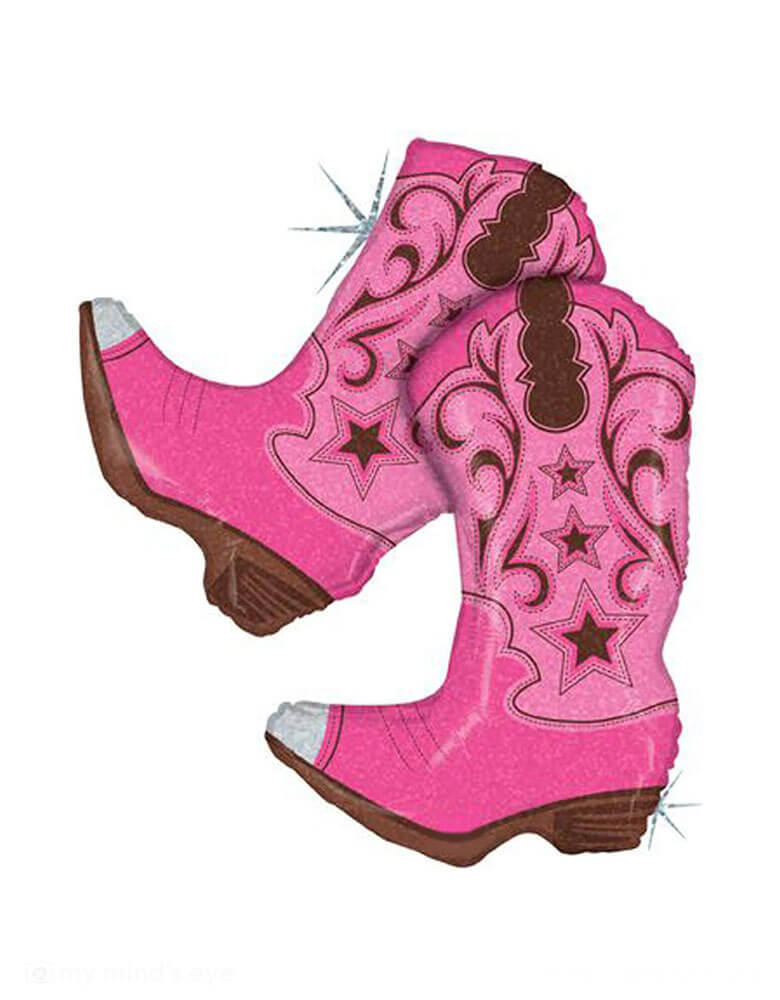 Momo Party's 36" Pink Dancing Cowboy Boots Shaped Foil Balloon by Betallic Balloons. Comes in two pink cowgirl boot shaped balloons with iridescent accents, they are perfect for a rodeo themed party or a cowgirl western Taylor Swift themed birthday.
