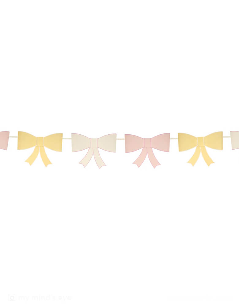 Momo Party's 8 ft 3D Bow Paper Garland by Meri Meri. Each garland features Bows are in 3 colors - ivory, peach and pale yellow with co-ordinating borders.Make your room look stylish in seconds with this supersized 3D bow garland. Hang it on the wall, above the mantel, in the porch or on the party table, for a statement decoration.