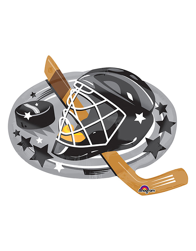 Anagram 30 inch hockey blast foil balloon, featuring a hockey helmet, hockey stick, puck with stars design. Accent your hockey themed party with this 30" large unique shape Hockey Blast foil mylar balloon.