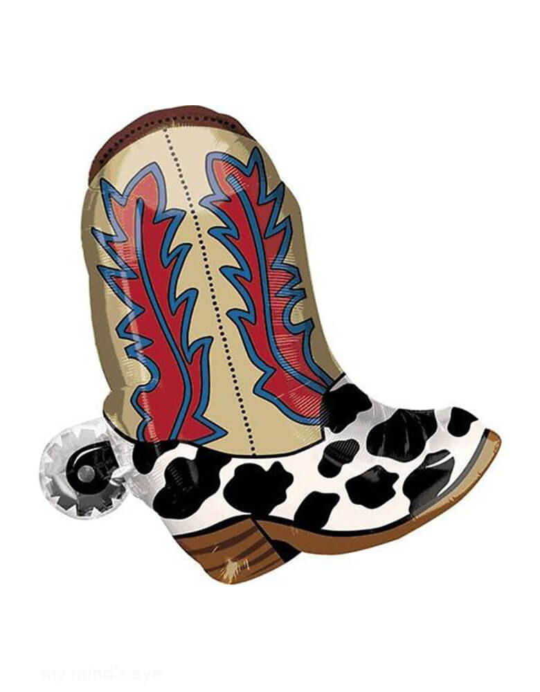 Momo Party's 24" Yeehaw Cowboy Boot Shaped Foil Balloon by Anagram Balloons. Perfect for any rodeo or wild west themed party. This balloon includes a self-sealing valve, preventing the gas from escaping after it's inflated. The balloon can be inflated with helium to float or with a balloon air inflator.