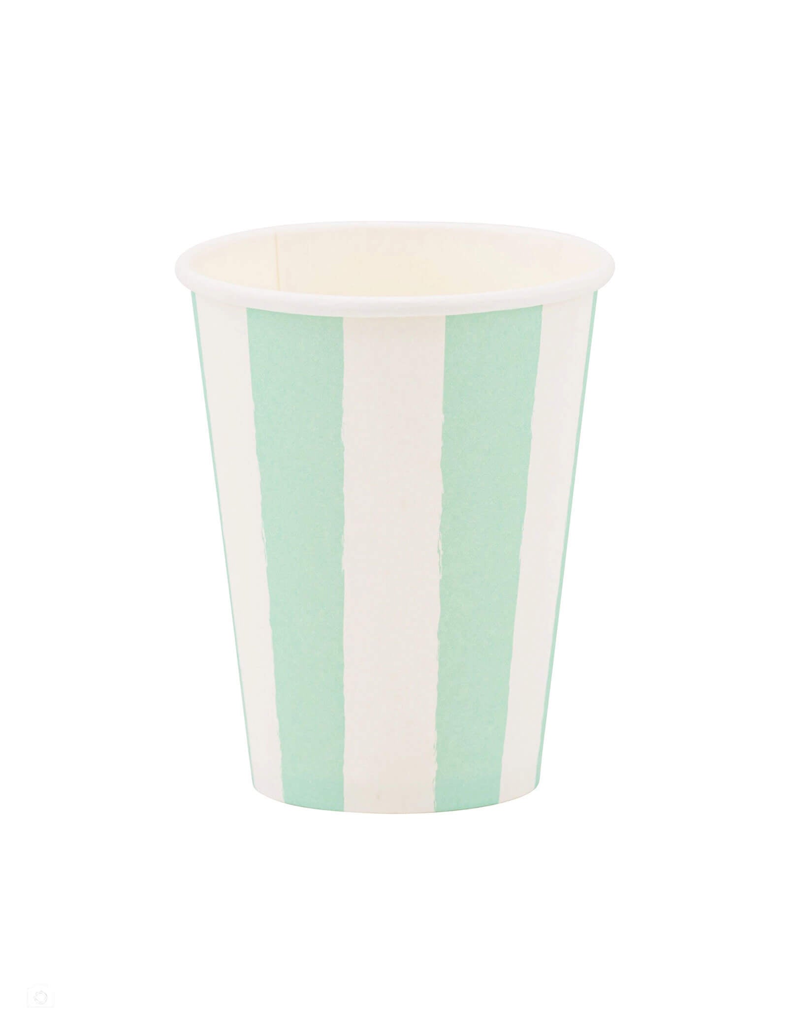 Momo Party's 12 oz paper party cup with green and white vertical stripes by My Mind's Eye on a white background.