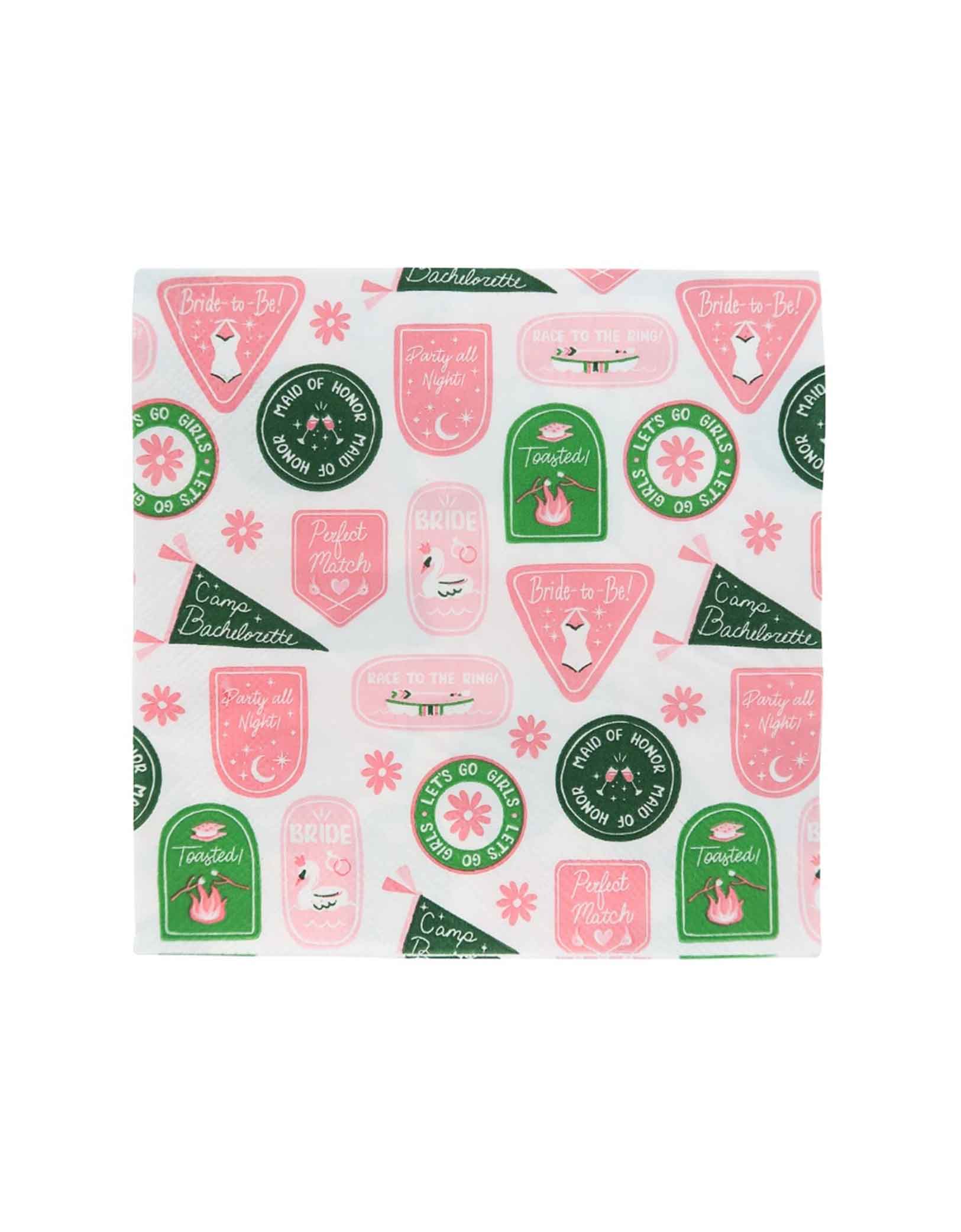 Momo Party's 6.5" Camp Bachelorette Large Napkins by Jollity & Co. Decorated with playful camp-style graphics, they’re perfect for your Camp Bachelorette celebrations!
