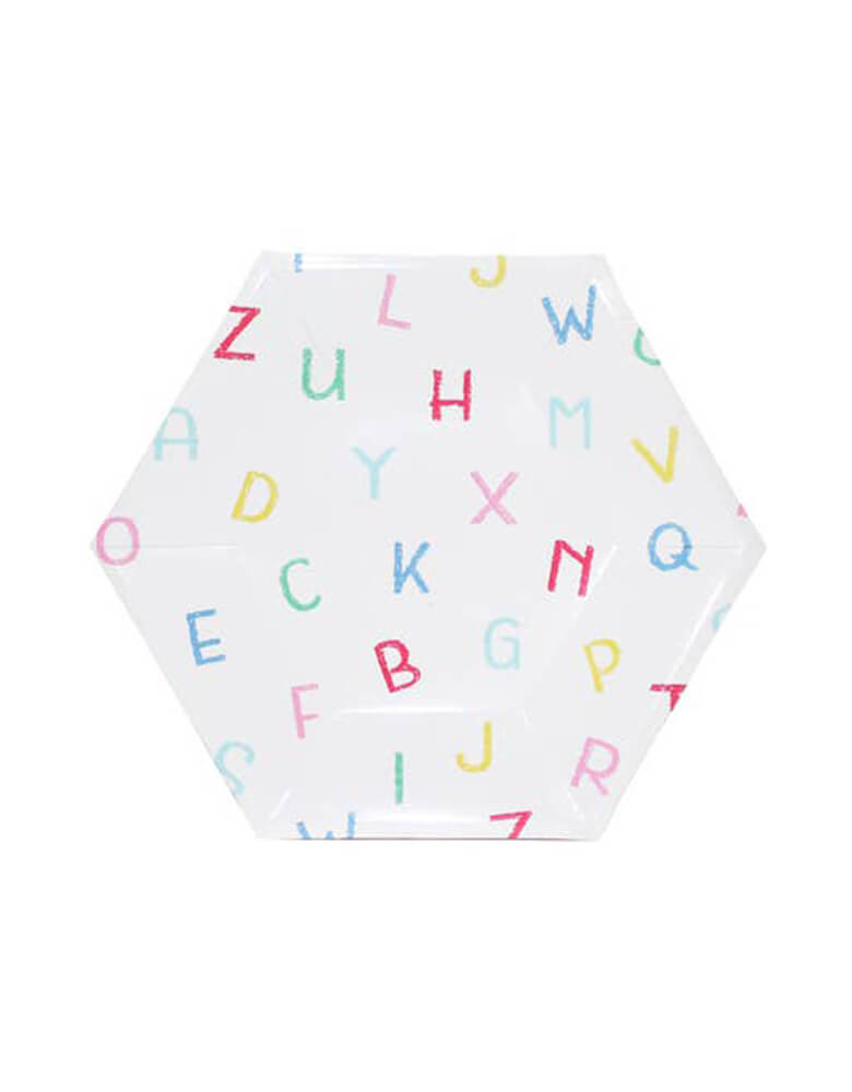 Momo Party's 8"x 7" small alphabet plate featuring colorful letter patterns in crayon written style by Merrilulu.  Comes in a set of 12 plates, these colorful alphabet paper plates are perfect for your child's back to school party or first day of school celebration. Or whenever you feel studious! 