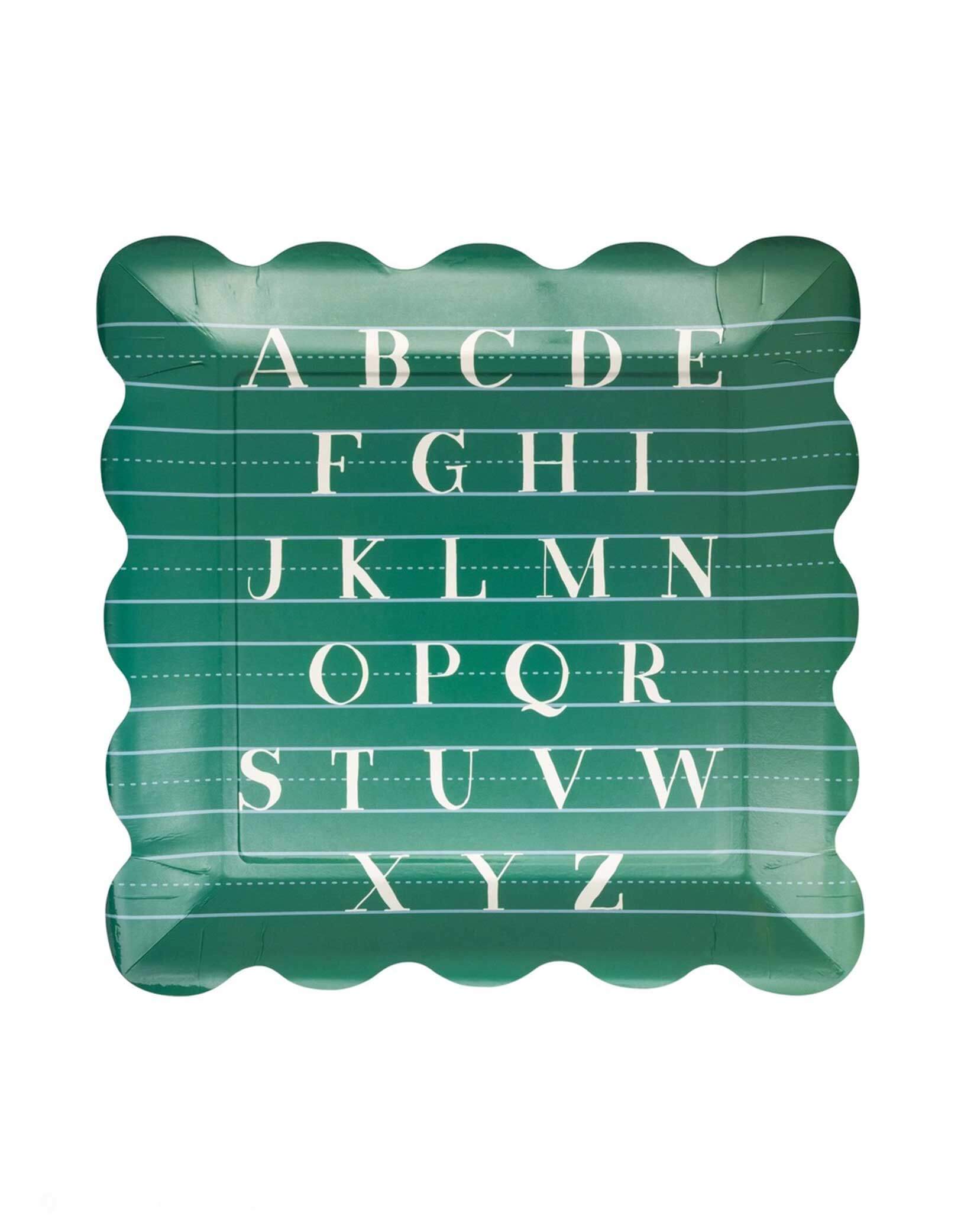 Momo Party's 10" x 10" Alphabet Paper Plates by My Mind's Eye. Featuring the entire school alphabet on the classic school color of green, this plate will make learning fun while also conveniently serving up snacks and meals. Perfect for young learners or as a unique gift for teachers. Let the party begin!
