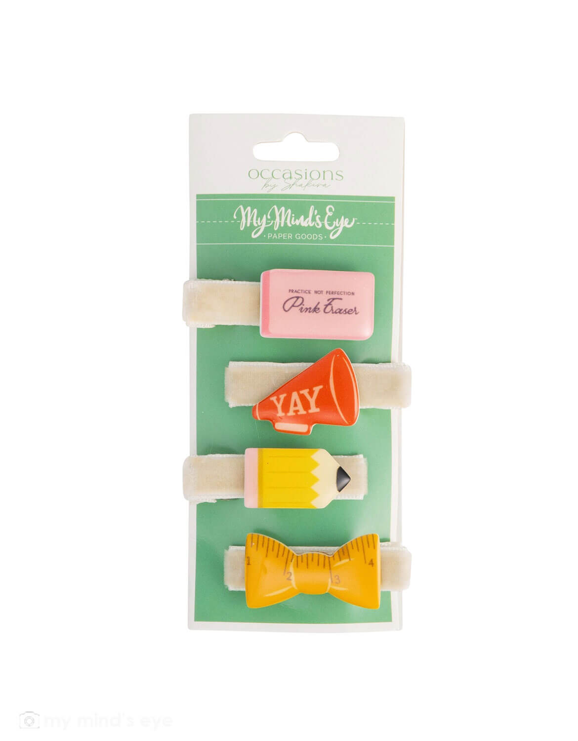 Momo Party's set of colorful hair clips in the designs of school supplies by My Mind's Eye in packaging on a white background.