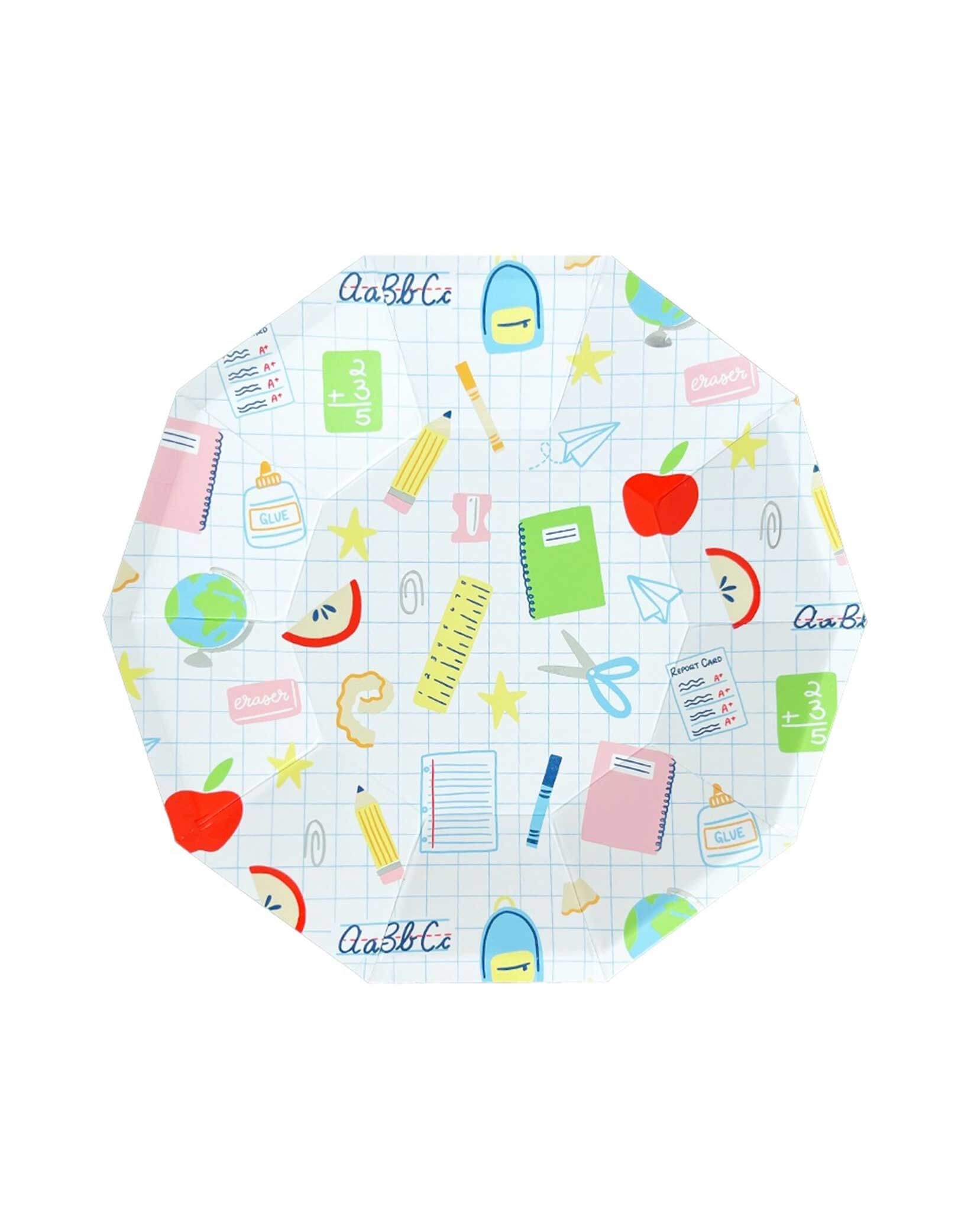 Momo Party's 9.5" Smarty Pants School Icons Large Plates by Daydream Society. Comes in a set of 8 paper plates, these adorable plates are perfect for your back to school party or celebration. No need to stress, just have some fun and show off your school spirit with these playful plates!