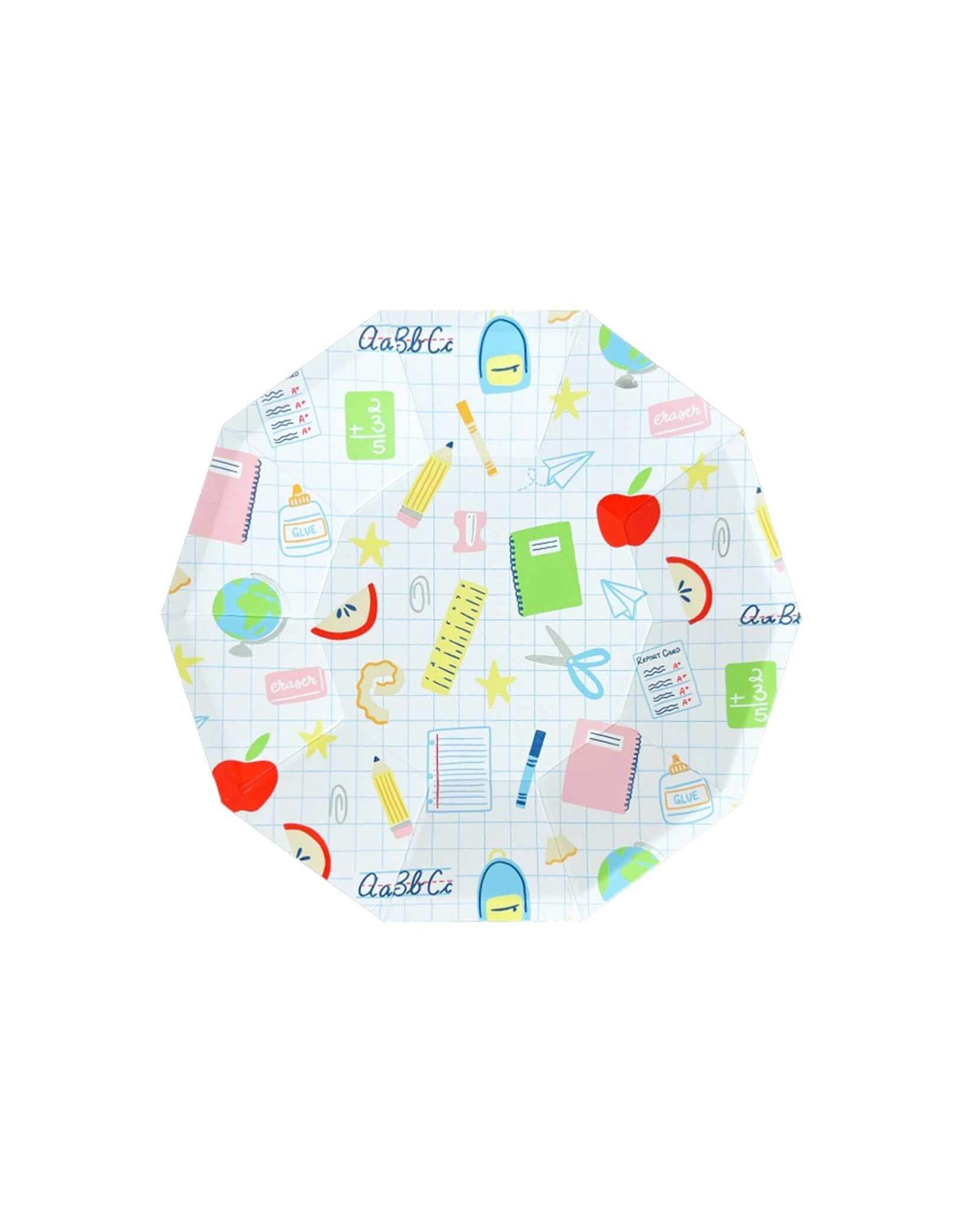Momo Party's 8" Smarty Pants School Icons Small Plates by Daydream Society. Comes in a set of 8 paper plates, these adorable plates are perfect for your back to school party or celebration. No need to stress, just have some fun and show off your school spirit with these playful plates!