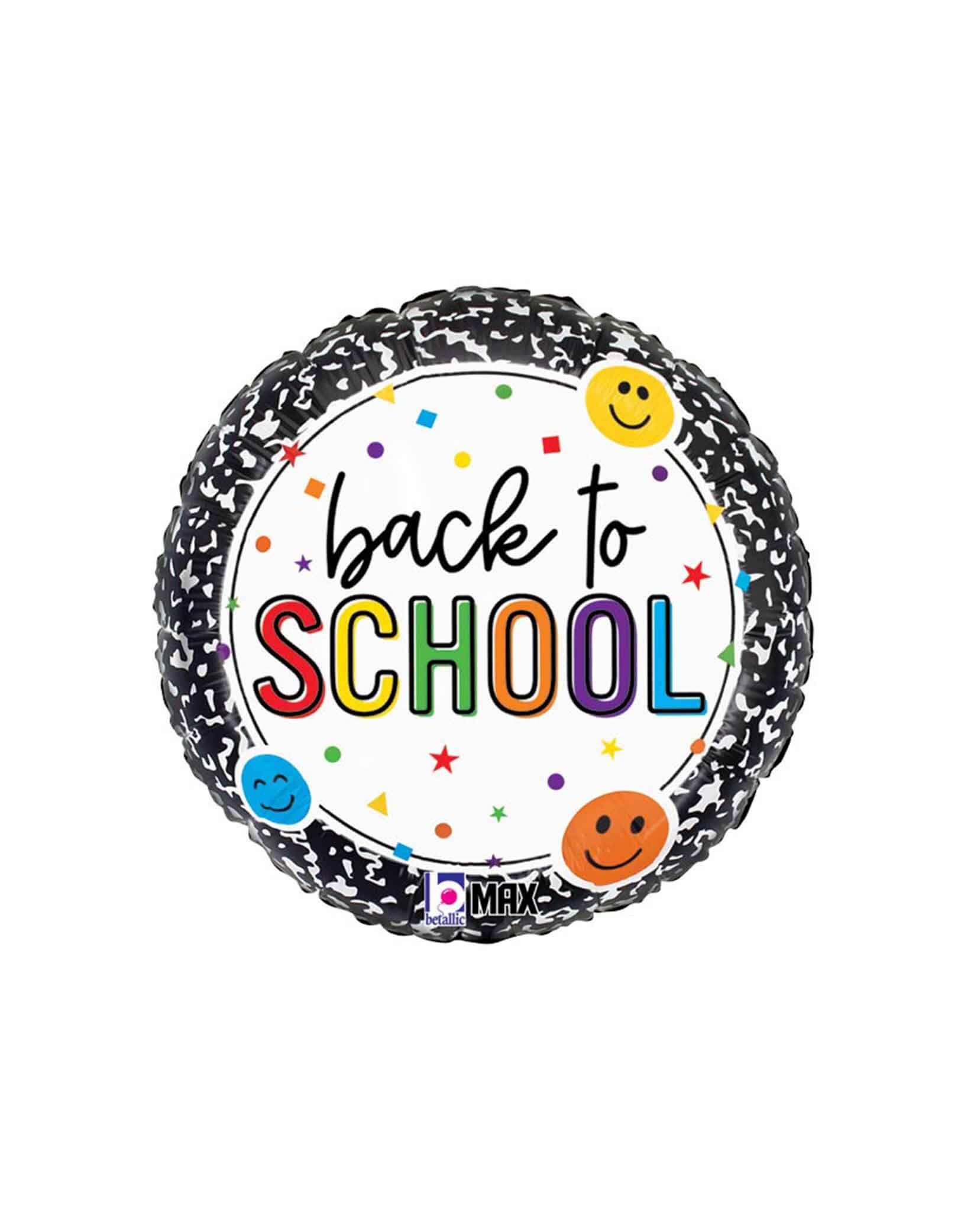 Momo Party's 18" round balloon with 'back to school' text and colorful smiley faces on a white background. Perfect for decorating classrooms, parties, or study spaces, it adds a playful touch that inspires learning and excitement. Lightweight and easy to inflate, this balloon brings a cheerful vibe to any back-to-school event. It comes with a self-sealing valve to keep the gas from escaping once inflated. Use helium for a floating effect or a balloon air inflator for inflation.