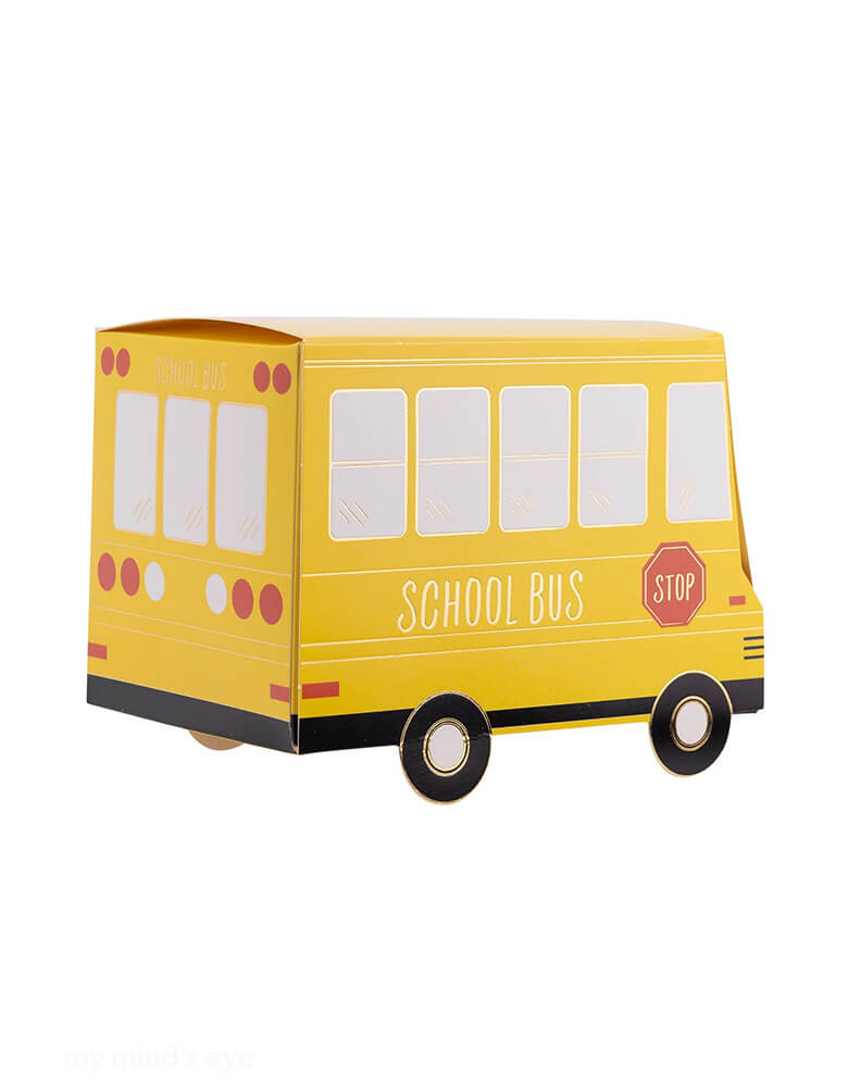 Momo Party's 4.5" x 3" x 3" School Bus Treat Boxes by My Mind's Eye. Comes in a set of 8 treat boxes, designed to look like a fun school bus, these treat boxes are perfect for any back-to-school party. Fill them with goodies and watch your guests' faces light up with joy. Don't miss out on these one-of-a-kind treat boxes!