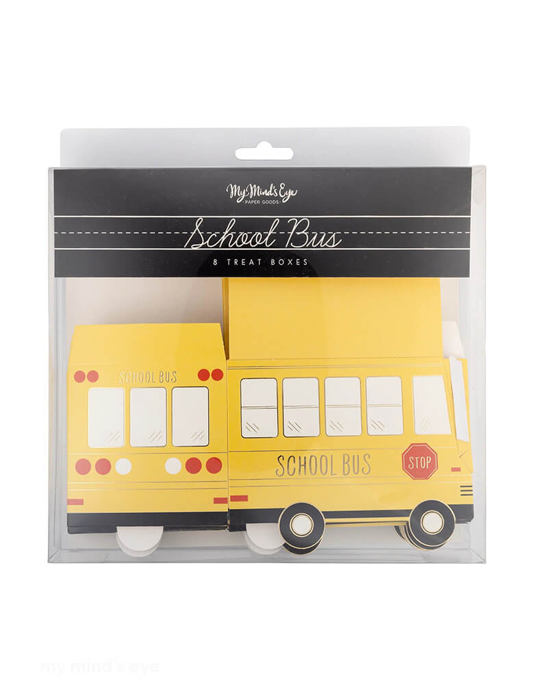 The packaging of Momo Party's 4.5" x 3" x 3" School Bus Treat Boxes by My Mind's Eye. Comes in a set of 8 treat boxes, designed to look like a fun school bus, these treat boxes are perfect for any back-to-school party. Fill them with goodies and watch your guests' faces light up with joy. Don't miss out on these one-of-a-kind treat boxes!