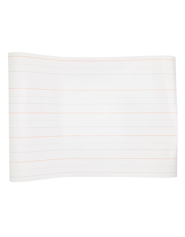Momo Party's 16 x 120 inch writing paper paper table runner by My Mind's Eye. Add a touch of nostalgia to your next back to school party with this awesome Writing Paper Table Runner. This runner will bring back memories while adding a unique and playful touch to your school themed tablescape, be it a back to school party or a first day of school celebration. Perfect for teachers, students, and anyone who loves a bit of word play!