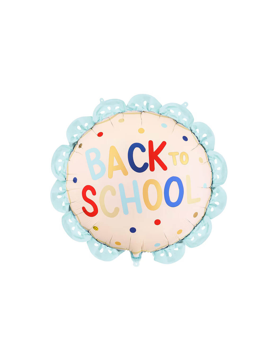 Momo Party's 20" round foil balloon with light blue scalloped edge with 'Back to School' text by Party Deco on a white background.