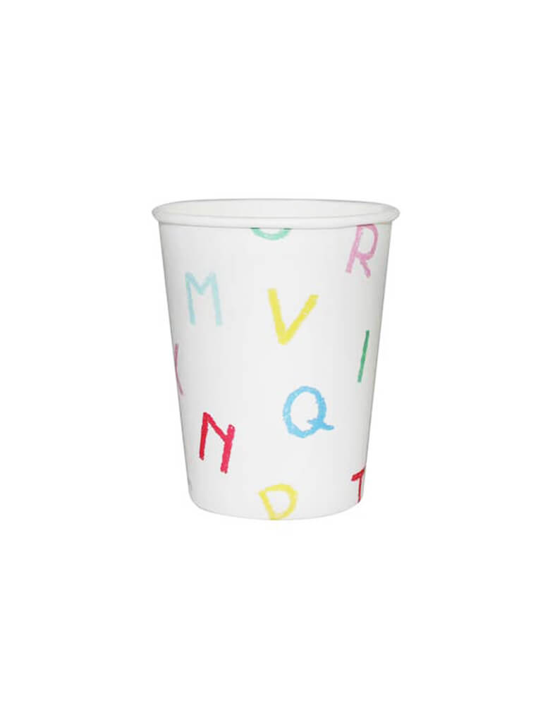 Momo Party's 9 oz capacity alphabet party cups featuring colorful letter patterns in crayon written style by Merrilulu. Comes in a set of 12 party cups, these colorful alphabet paper cups are perfect for your child's back to school party or first day of school celebration. Or whenever you feel studious!