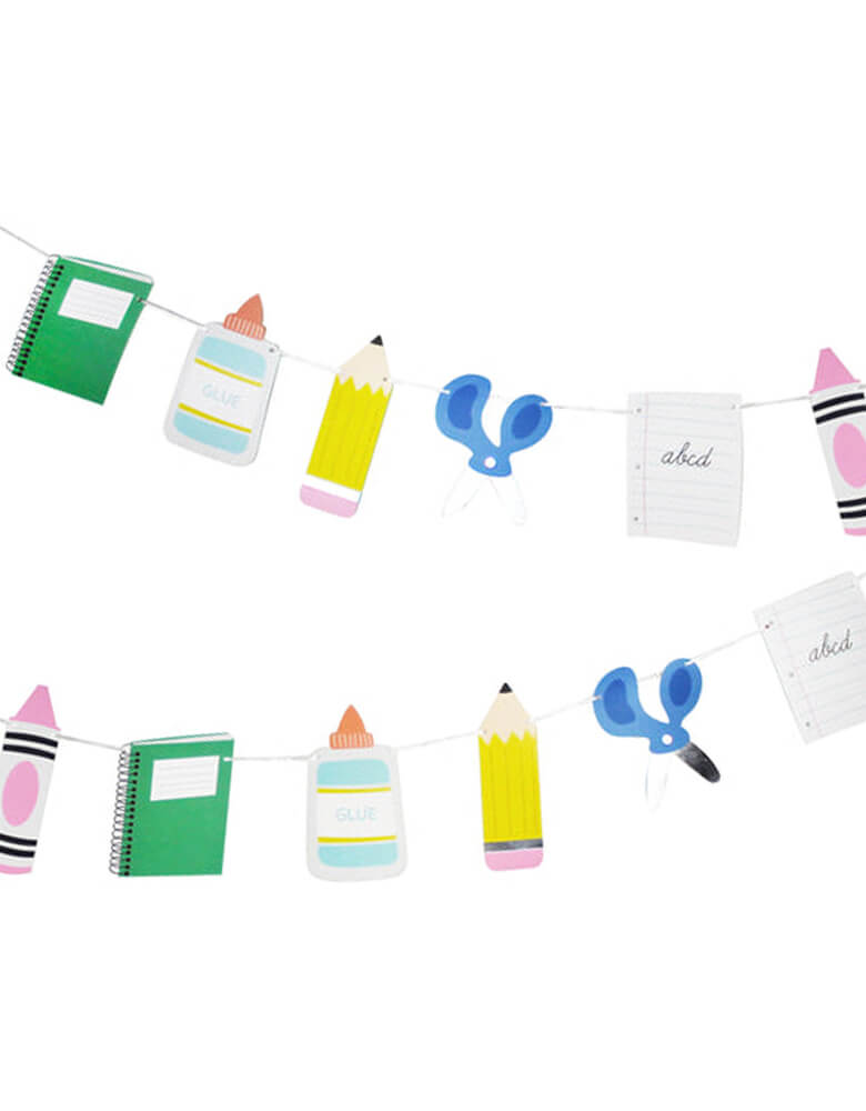 Momo Party's back to school party garland featuring colorful school themed pennants including scissors, notebooks, pencils, crayons, and more by Merrilulu. This set of colorful garland is perfect for your child's back to school party or first day of school celebration. Or whenever you feel studious!