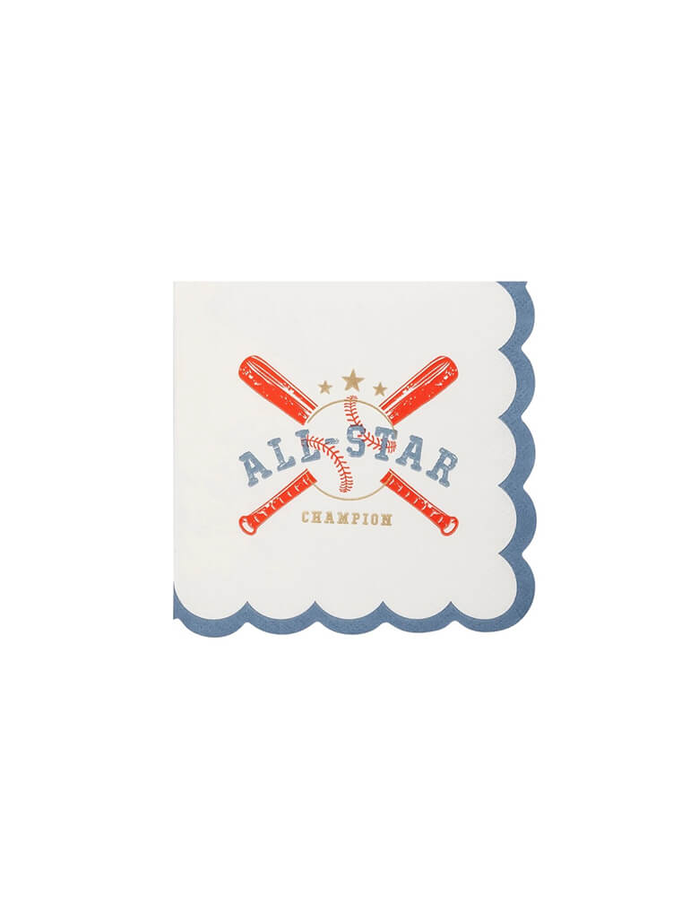 Momo Party's 5" x 5" Baseball All Star Napkins by My Mind's Eye. This baseball-themed napkin is perfect for any sports lover. Its all-star design will be a home run at your next party. Batter up and add a touch of fun to your table setting with this unique napkin.