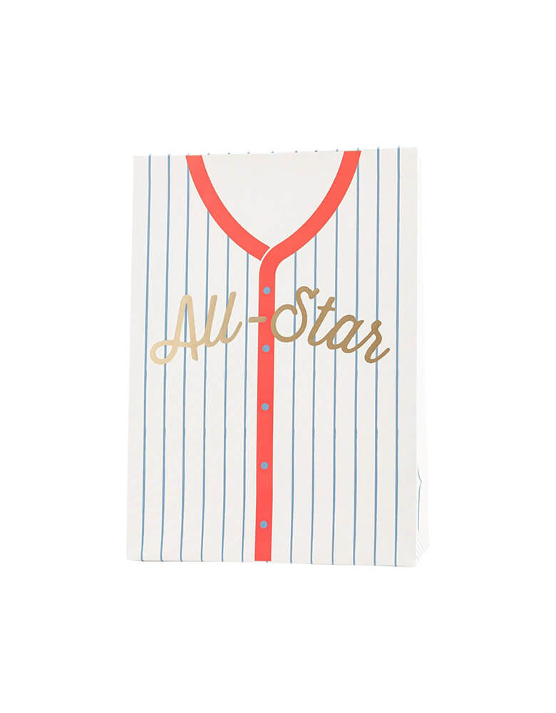 Momo Party's All Star Baseball Treat Bags by My Mind's Eye. Comes in a set of 8 bags. Perfect for any baseball party, each bag comes with number stickers for a personalized touch. Step up your game and add a fun twist to your treat bags!