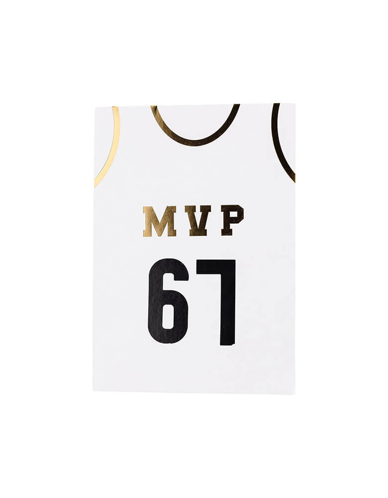 Momo Party's 5" x 8" x 2.5" Basketball Treat Bags by My Mind's Eye, set of 8 bags. These amazing treat bags are the perfect addition to any kids party. Featuring MVP on the jersey in gold foil, with gold number stickers, they're sure to score big with both kids and parents alike. Get your game on!