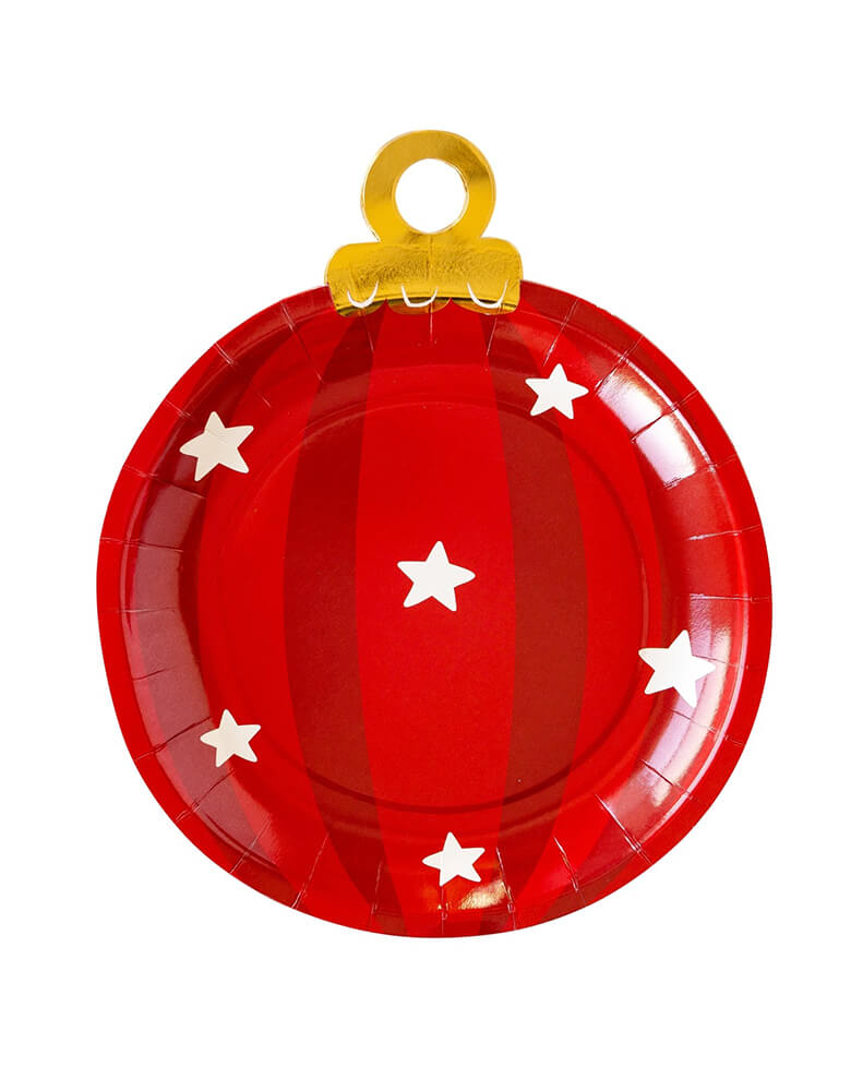 My Mind's Eye‘s Believe Ornament Shaped Paper Plates, sold by Momo Party. Featuring ornament shaped plates in red with white stars pattern, shimmery gold foil accents, these paper plates are sure to make a merry statement at your Christmas party.