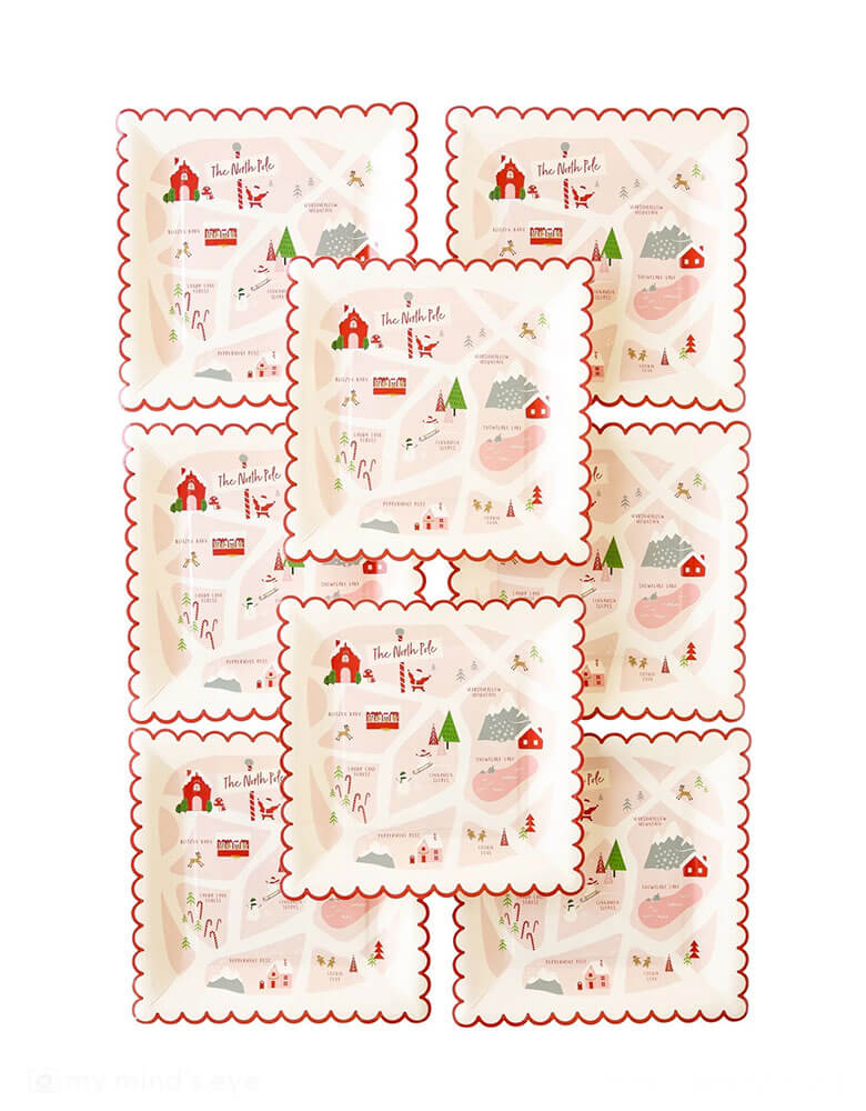 Momo Party's 9" x 9" Believe North Pole Map Paper Plates by My Mind's Eye. Comes in a set of 8 plates, featuring a whimsical map of Santa's home town, these party plates will act as your guest's guide to all of the festive fun at your holiday party. These scalloped edge plates are also the perfect way to spread Christmas cheer to the entire neighborhood when you use them to deliver a plateful of Santa's snacks to your neighbors.