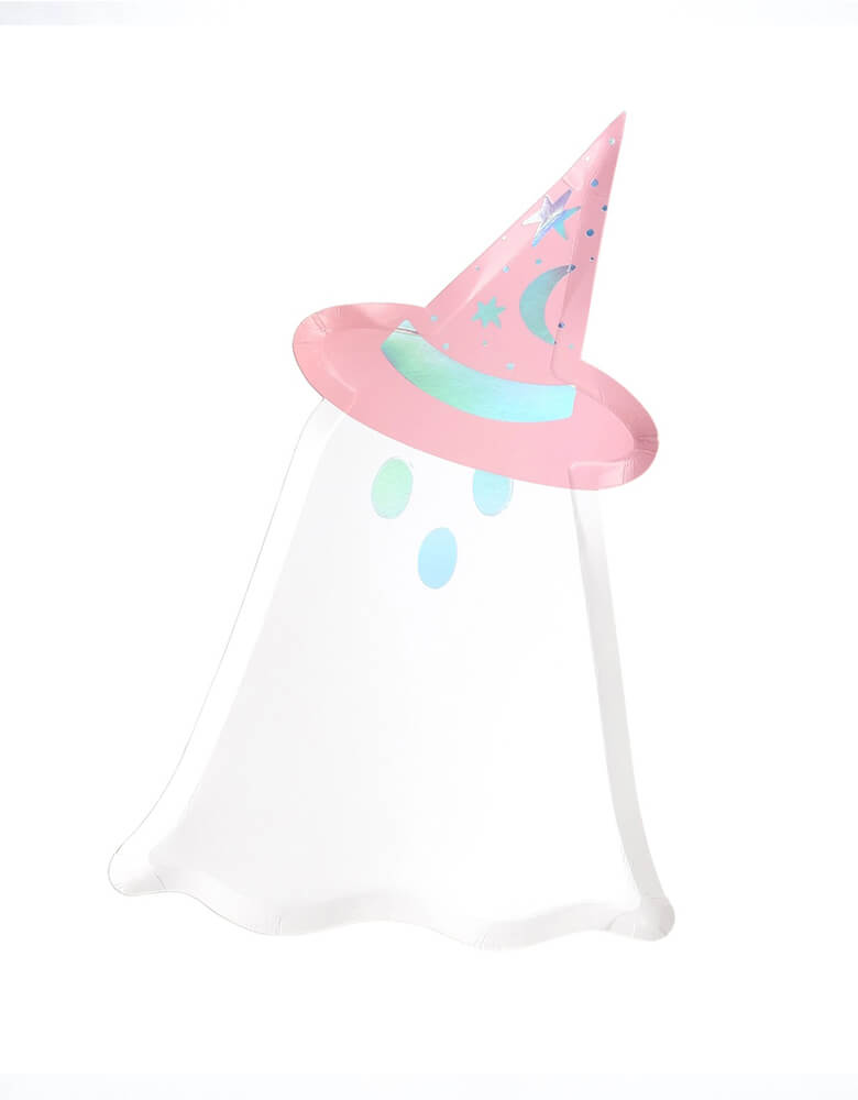 Momo Party's 12.5" x 5.5" Bewitching Ghost Die Cut Plates by Gatherings. Comes in a set of 8 ghost shaped paper plates. This high-quality plate features intricate details and stunning foil accents in white and orange. Perfect for adding a touch of fancy to your tabletop, this plate is a must-have for any Halloween lover!