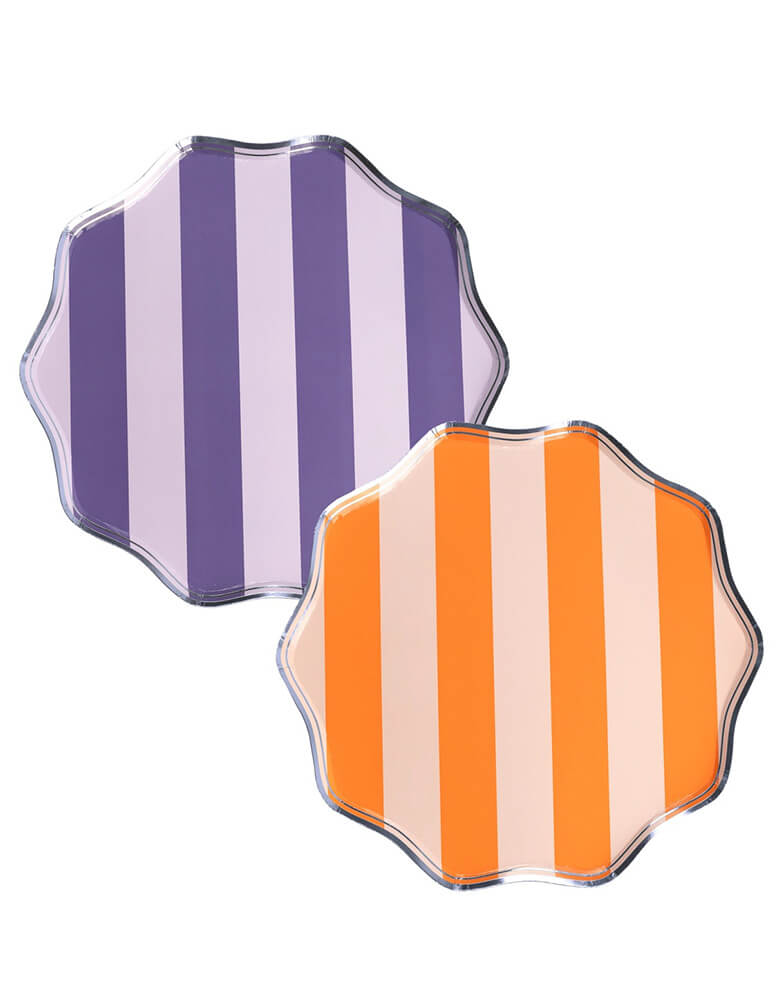 Momo Party's 10.25" Spooky Stripes Dinner Paper Plates by Gatherings. These plates feature bold orange and purple stripes, making them both fun and elegant. Perfect for any modern classic party, these plates are sure to impress your guests!