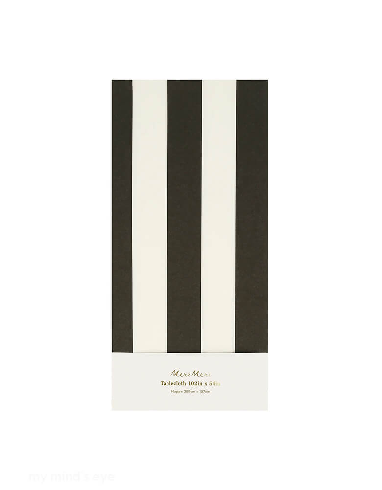 Momo Party's 102 x 54 inches Black Striped Tablecloth by Meri Meri. Lightly laminated black and white striped tablecloth Crafted from high quality paper, so it is practical as well as decorative. This tablecloth is perfect for your modern everyday hosting occasion of a fun Halloween celebration!