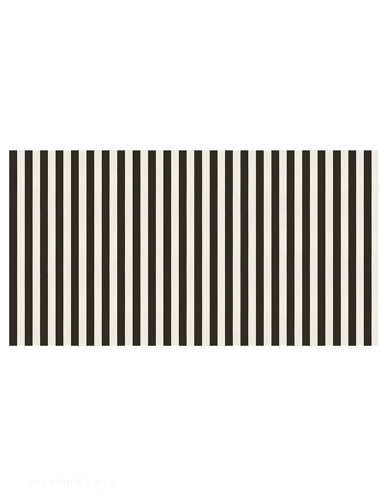 Momo Party's 102 x 54 inches Black Striped Tablecloth by Meri Meri. Lightly laminated black and white striped tablecloth Crafted from high quality paper, so it is practical as well as decorative. This tablecloth is perfect for your modern everyday hosting occasion of a fun Halloween celebration!