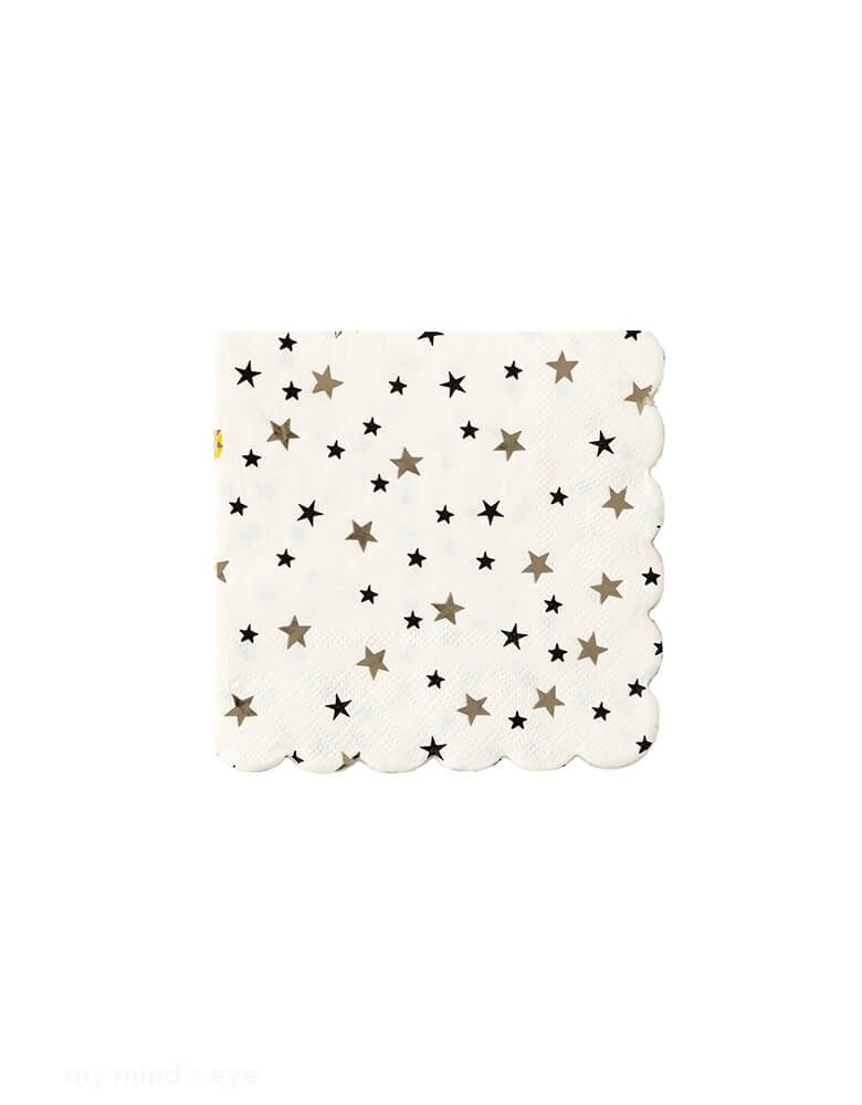 Momo Party's 5" x 5" Black and Gold Star Napkins by My Mind's Eye. Designed with scattered stars in black and gold with a scallop edge, this set of napkins will add a playful touch to your party decor. They're perfect for a Halloween party, graduation celebration or a New Year's Eve countdown party!