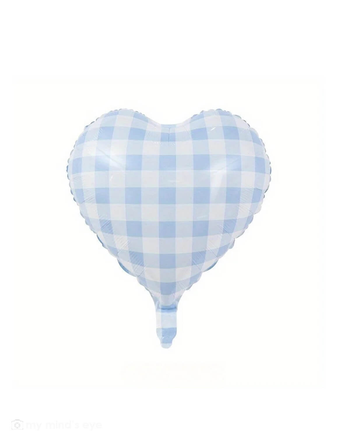 Momo Party's 18" Blue Gingham Checker Heart Shaped Non-Foil Balloon on a white background.