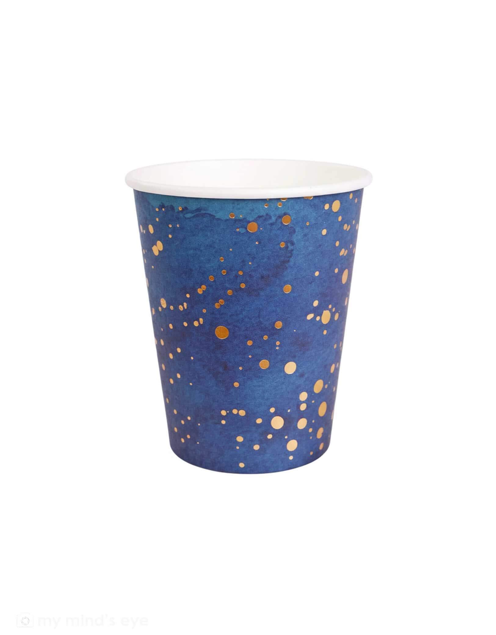Momo Party's 9 oz Blue Gold Dust Party Cup with gold speckles on a white background.