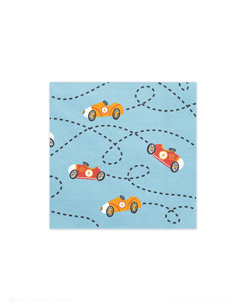 Momo Party's 16.5" x 16.5" blue race car large napkins by Party Deco. Featuring vintage race car designs with dotted line as the trace, these blue large napkins are perfect for kid's "Two Fast" second birthday party or "Fast One" race car themed first birthday party celebration.