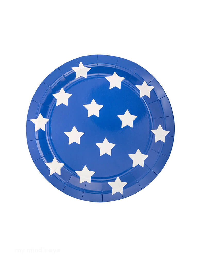 Momo Party's 9" Lady Liberty Blue Stars Paper Plates by My Mind's Eye. Perfect for your Fourth of July BBQ, these star-shaped plates add a touch of whimsy to your event. Show off your patriotic spirit with every bite.