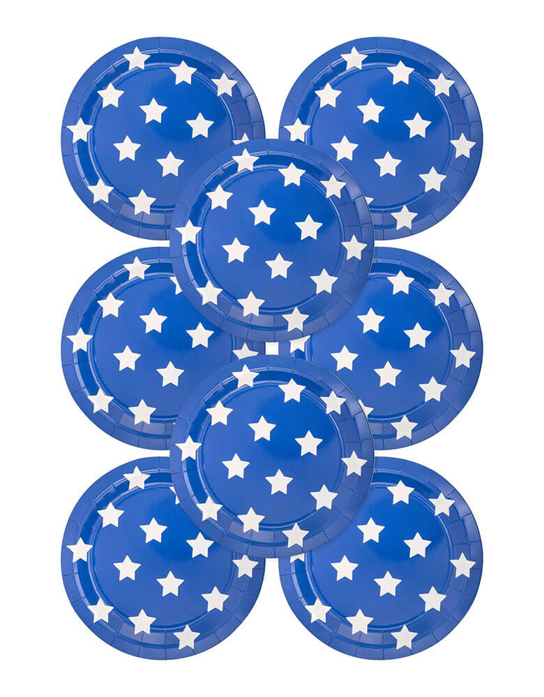 Momo Party's 9" Lady Liberty Blue Stars Paper Plates by My Mind's Eye. Comes in a set of 8 plates, they are perfect for your Fourth of July BBQ, these star-shaped plates add a touch of whimsy to your event. Show off your patriotic spirit with every bite.