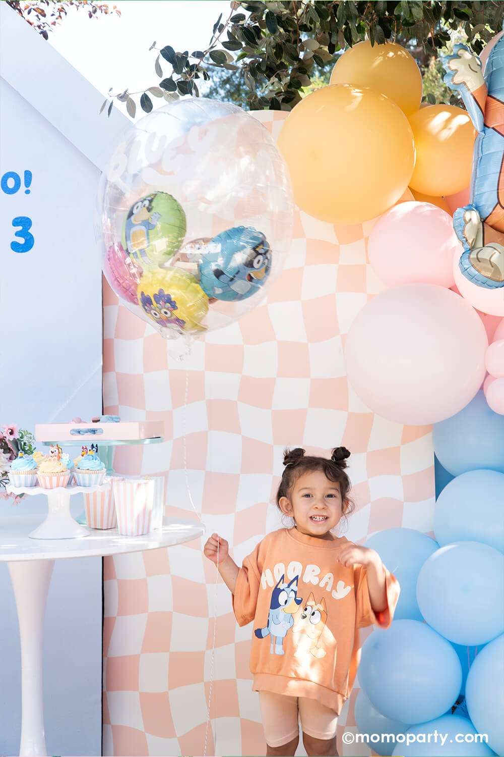 A pre-school aged girl in a peach Bluey themed shirt holding Momo Party's 20" Bluey insiders balloon with Bluey character balloons in different colors and standing in front of a wavy peach checkered party backdrop board with Bluey themed balloon garland in pastel peach, pink and blue adorned with daisy balloons. With a Bluey themed desserts on the sweet table, this adorable setting is perfect for your Bluey-loving child's birthday celebration.
