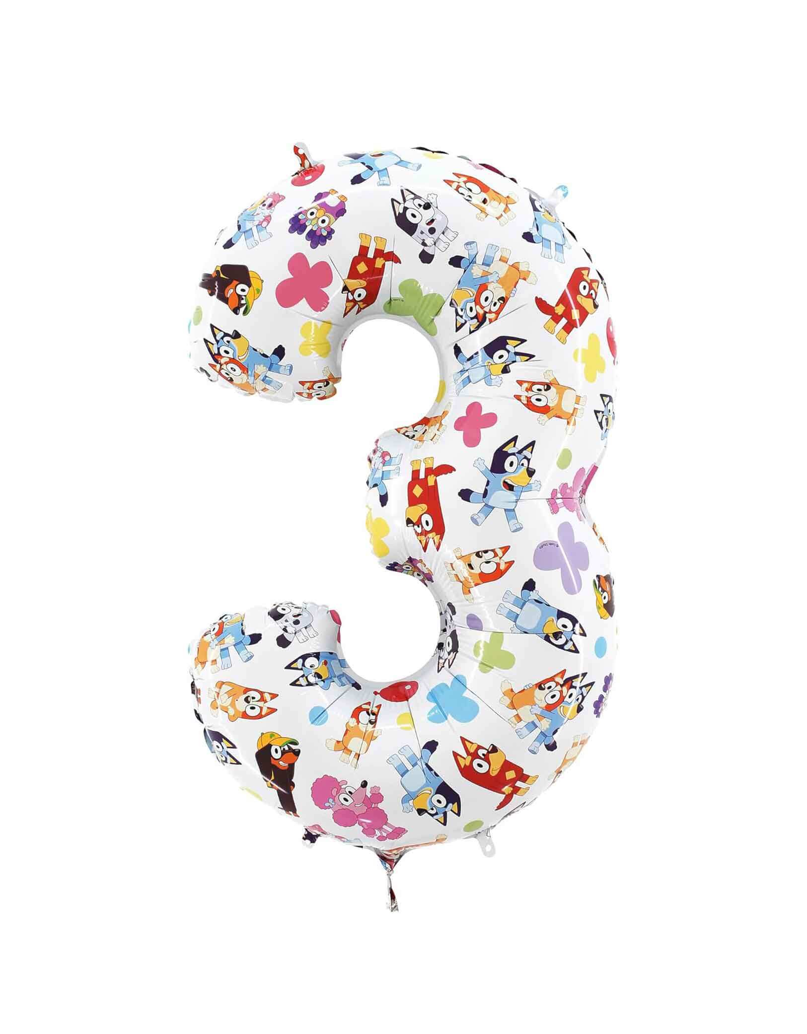 Momo Party's 26" Bluey Large Number Foil Mylar Balloon Number 3 featuring Bluey, Bingo and other cartoon characters in colorful pattern. This balloon adds a playful touch to any kid’s birthday party. Its large size makes it a standout decoration, perfect for capturing joyful memories and brightening up the celebration space. Easy to inflate and reusable, it’s a delightful way to make your child's special day even more memorable.