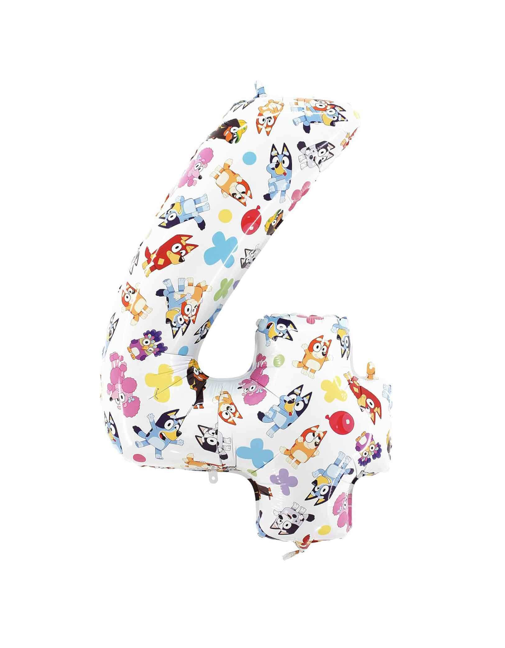 Momo Party's 26" Bluey Large Number Foil Mylar Balloon Number 4 featuring Bluey, Bingo and other cartoon characters in colorful pattern. This balloon adds a playful touch to any kid’s birthday party. Its large size makes it a standout decoration, perfect for capturing joyful memories and brightening up the celebration space. Easy to inflate and reusable, it’s a delightful way to make your child's special day even more memorable.