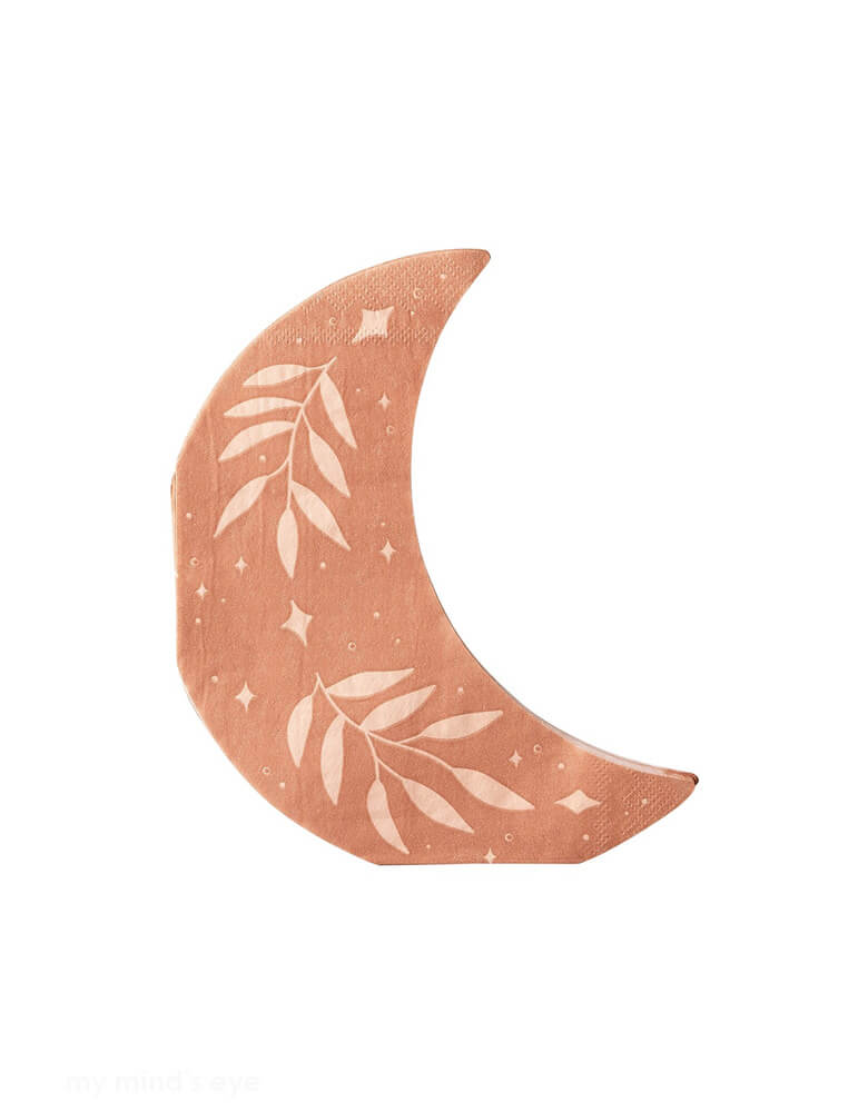 Momo Party's 6 x 7 inches Boho Halloween Crescent Moon Napkins by My Mind's Eye. Spice up your Halloween decor with these stylish moon shaped napkin! This boho-inspired napkin features a unique and playful moon design, adding a touch of fun to any party or gathering. Perfect for all you moon lovers out there.