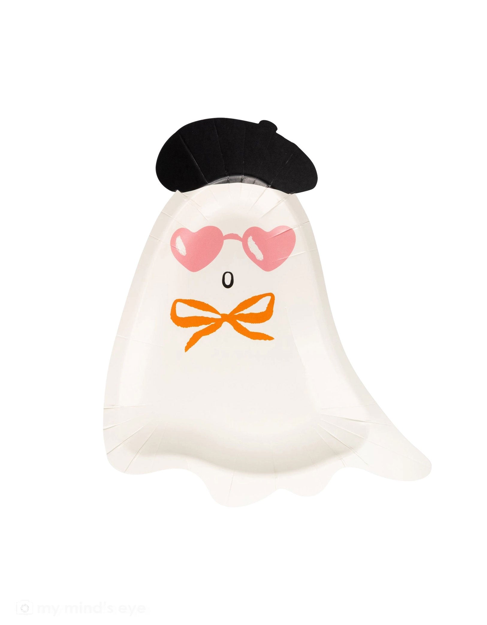 Momo Party's Boo La La Ghost Shaped Paper Plate by My Mind's Eye featuring ghost figure with heart-shaped sunglasses, bow tie, and beret on a white background.