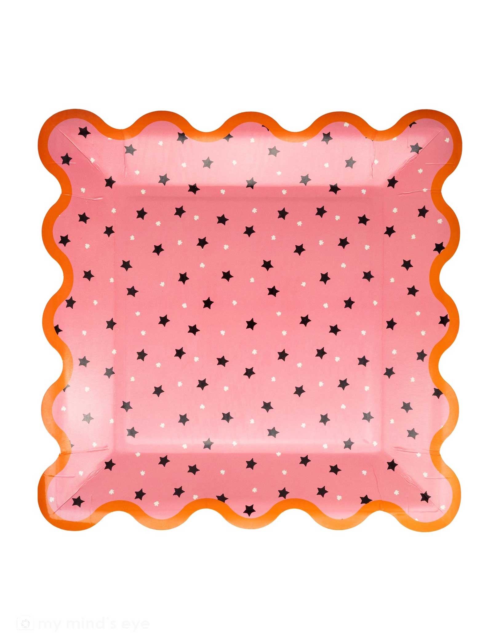Momo Party's Pink Paper Plate with black star pattern by My Mind's Eye on a white background. The vibrant pink background contrasts perfectly with the bold black star design, adding a fun twist to your Halloween table setting. Perfect for costume parties, trick-or-treat gatherings, or any festive occasion where you want to serve up some stylish fun!