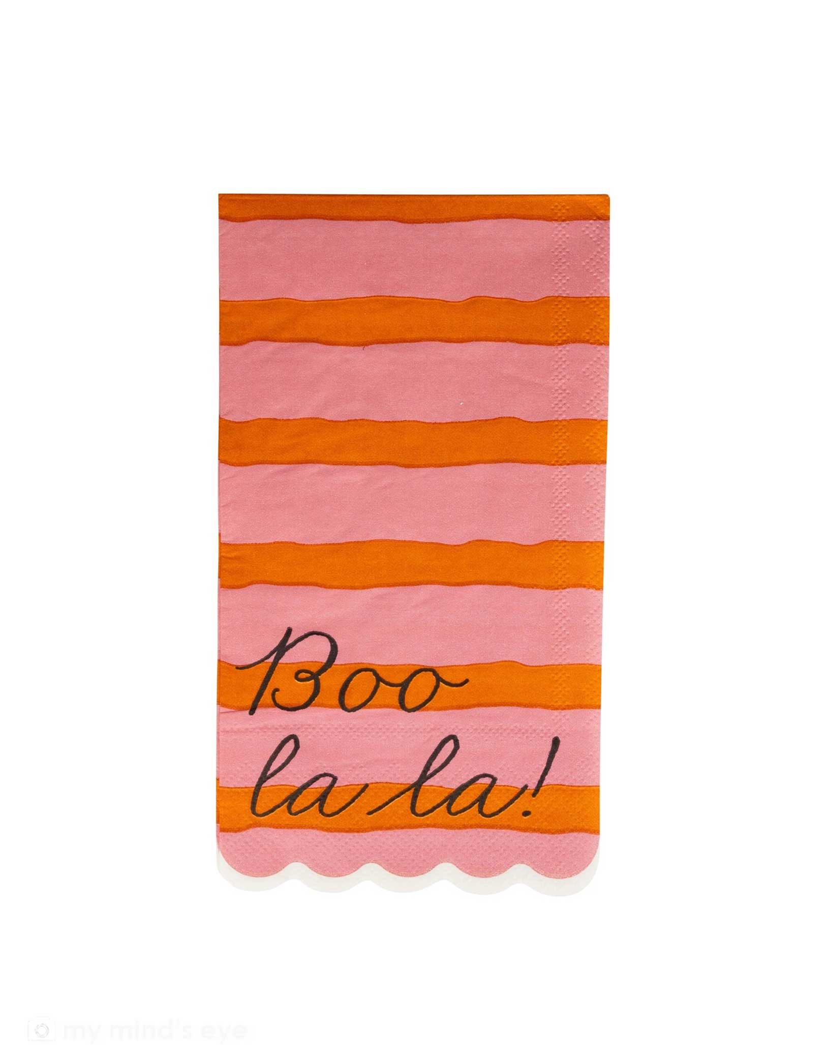 Momo Party's 4.25" x 7.75" striped pink and orange dinner napkins with 'Boo la la!' text by My Mind's Eye on a white background. Comes in a set of 24 paper napkins, these fun napkins blend traditional Halloween spirit with a fresh, trendy color palette that will have your guests saying "Boo La La" all night long!