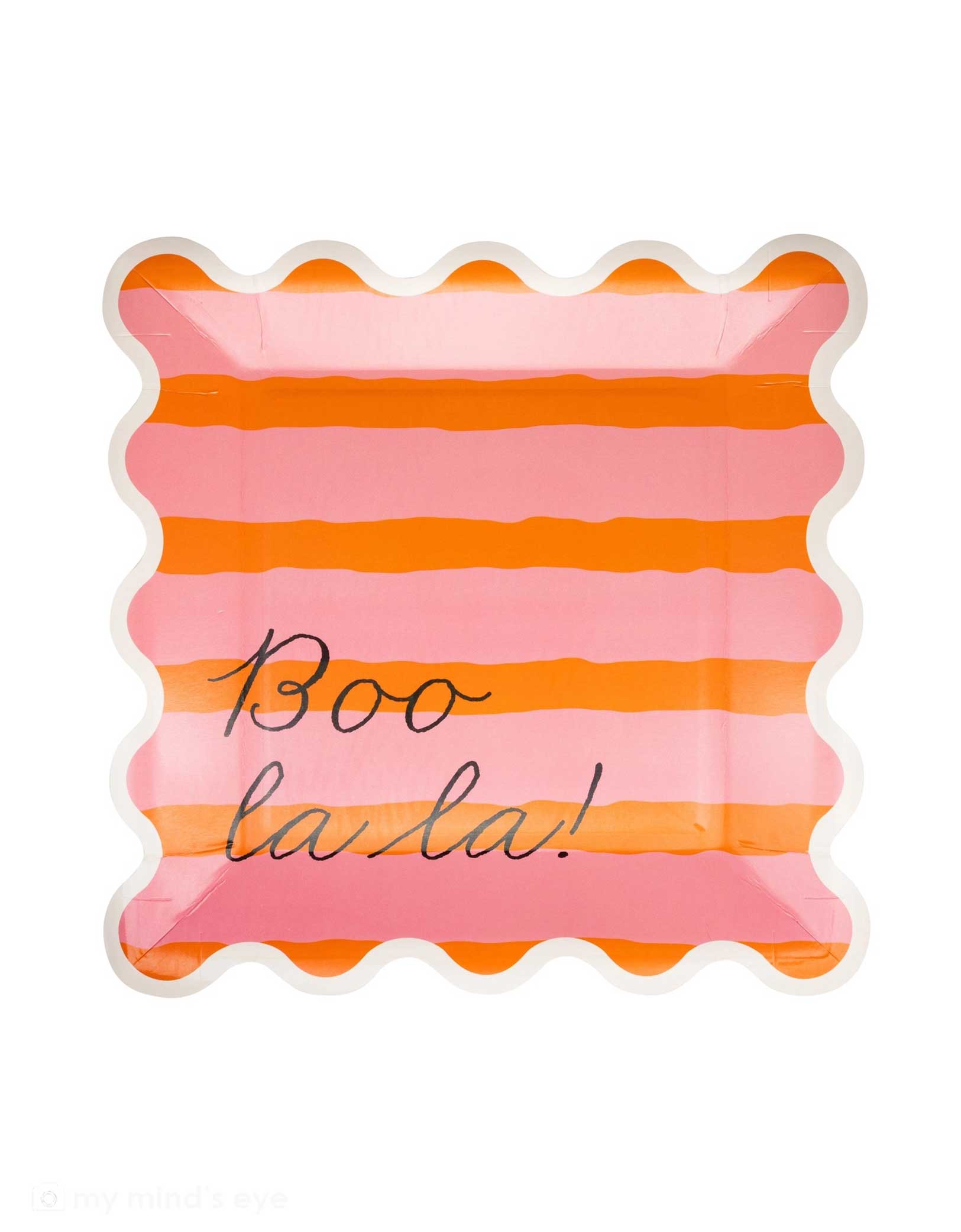 Momo Party's 9" pink and orange striped plate with 'Boo la la!' text by My Mind's Eye on a white background. Comes in a set of 8 paper plates, these festive plates add a pop of playful color to your spooky spread. Perfect for serving up ghostly goodies and trick-or-treat delights, they'll make your Halloween table the talk of the neighborhood. Get ready to party in style with these fun, festive plates that put the "Boo!" in boo-tiful entertaining!