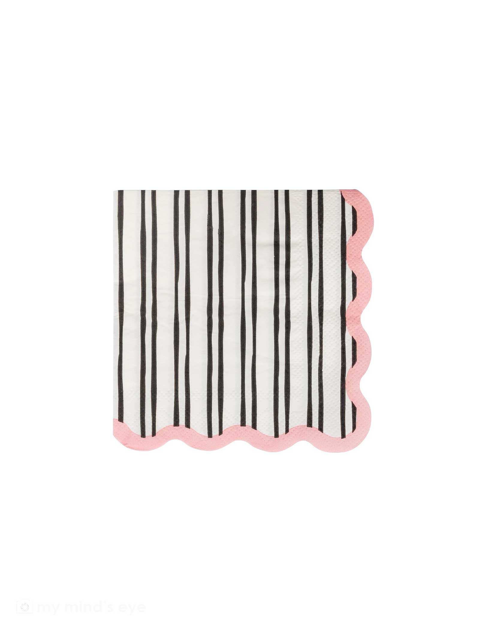 Momo Party's 5" scalloped edge napkin with black and white striped pattern by My Mind's Eye on a white background. Perfect for spooky celebrations, these coordinating napkins add a touch of classic Halloween flair to your table setting. Mix and match with other Halloween decor for a frighteningly fun party atmosphere that guests will love!
