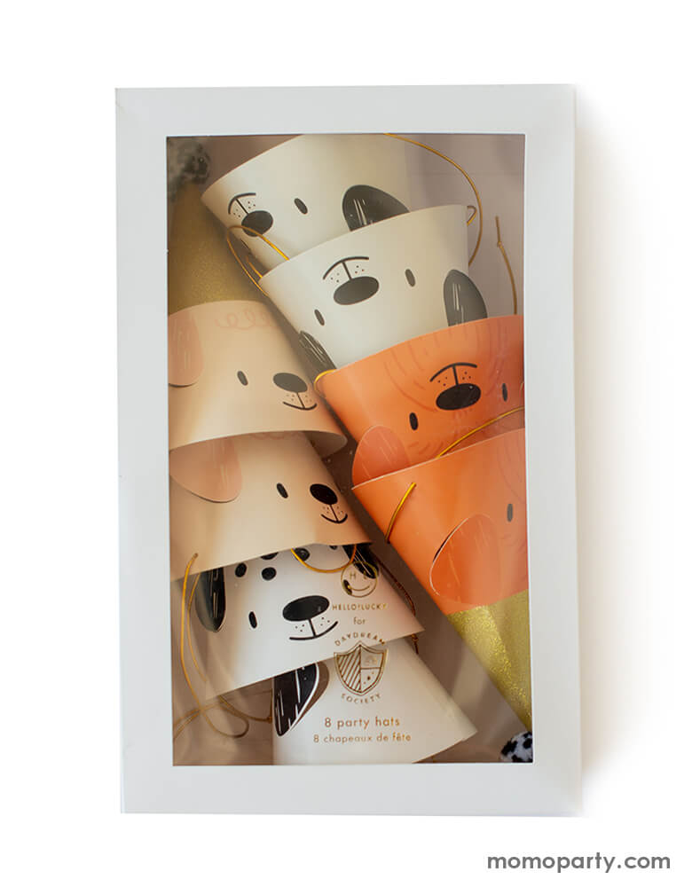 Package of Momo Party's Bow Wow Party Hats from Jollity & Co Party Boutique - Daydream society- Bow Wow collection. Featuring a warm neutral color palette and gold foil elements, these puppy dog party hats are definitely best in show!