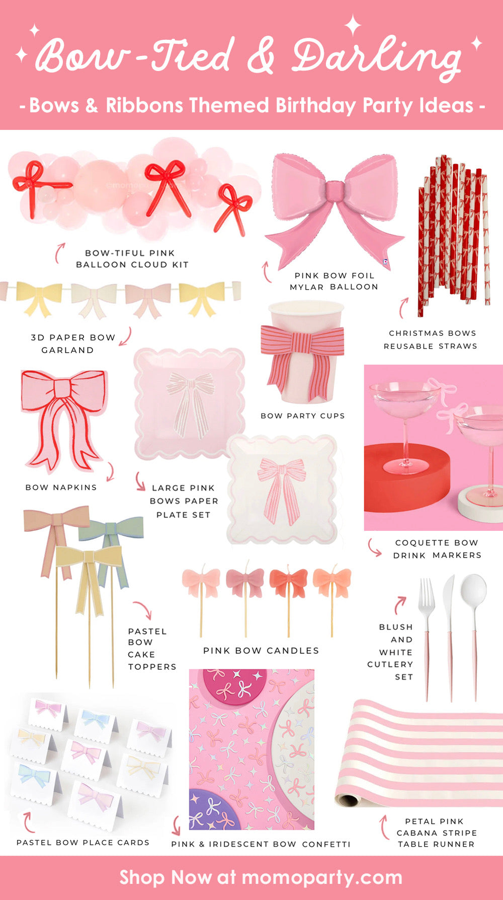Bow and ribbon themed birthday party supplies and decorating ideas featuring pink bow balloons, bow garlands, paper plates, napkins, party cups, straws, cake toppers, candles, place cards, confetti, table decorations, and coquette-inspired pink party decor by Momo Party.
