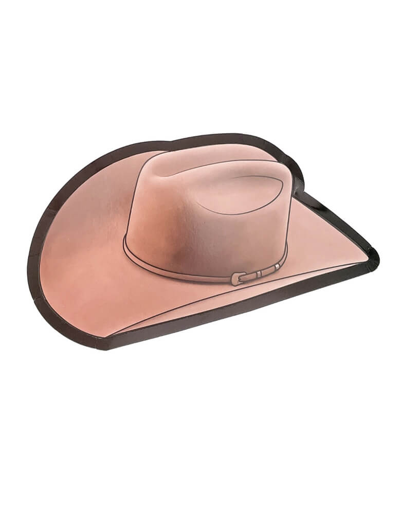 Momo Party's 10" x 5.5" Brown Felt Cowboy Hat Shaped Dessert Plates. Each set includes 8 die cut plates featuring a cowboy hat, perfect for a howdy good time. It adds a touch of rodeo style to any western themed event. 