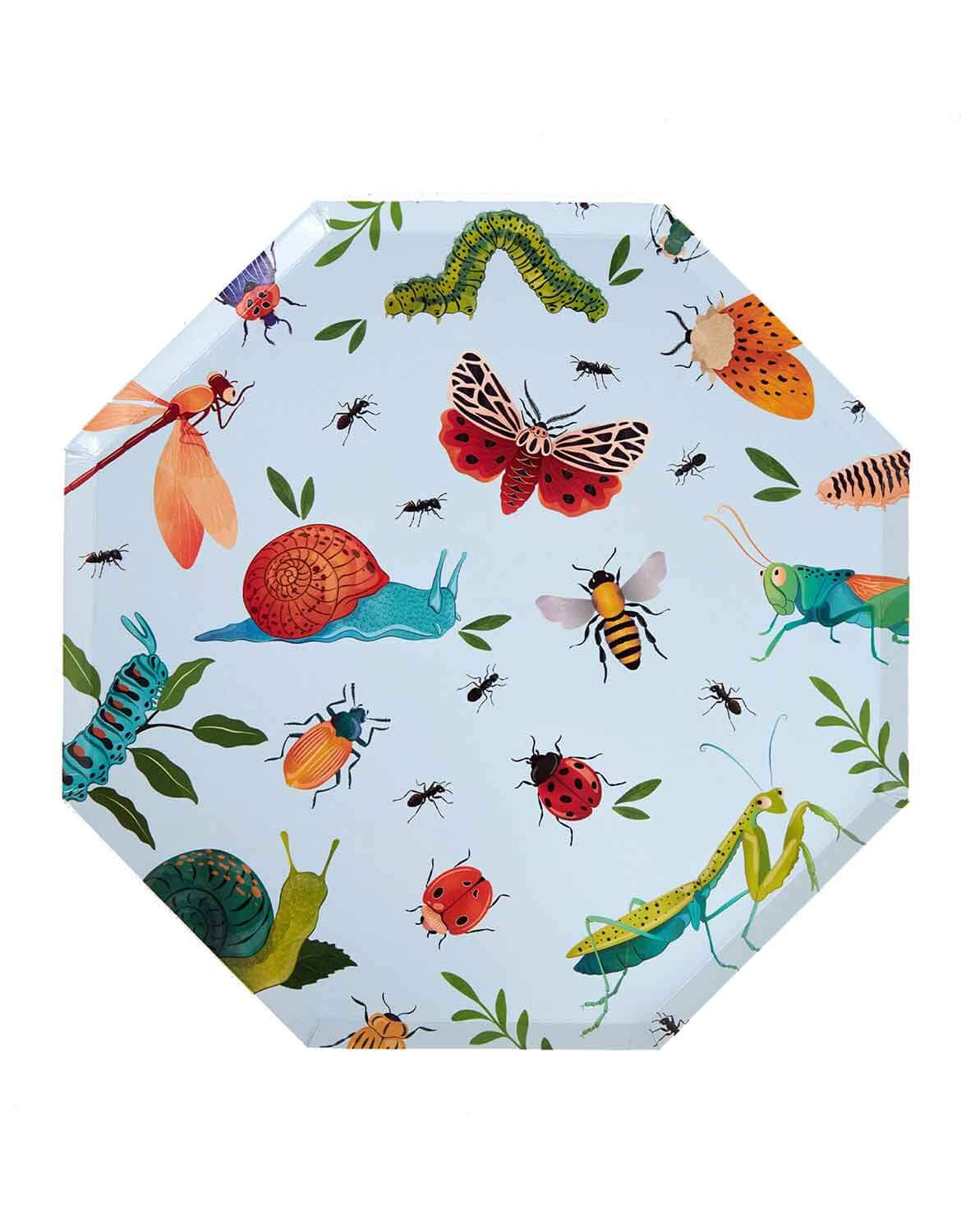 Momo Party's 10" light blue hexagonal party plate with colorful insect pattern on a white background.