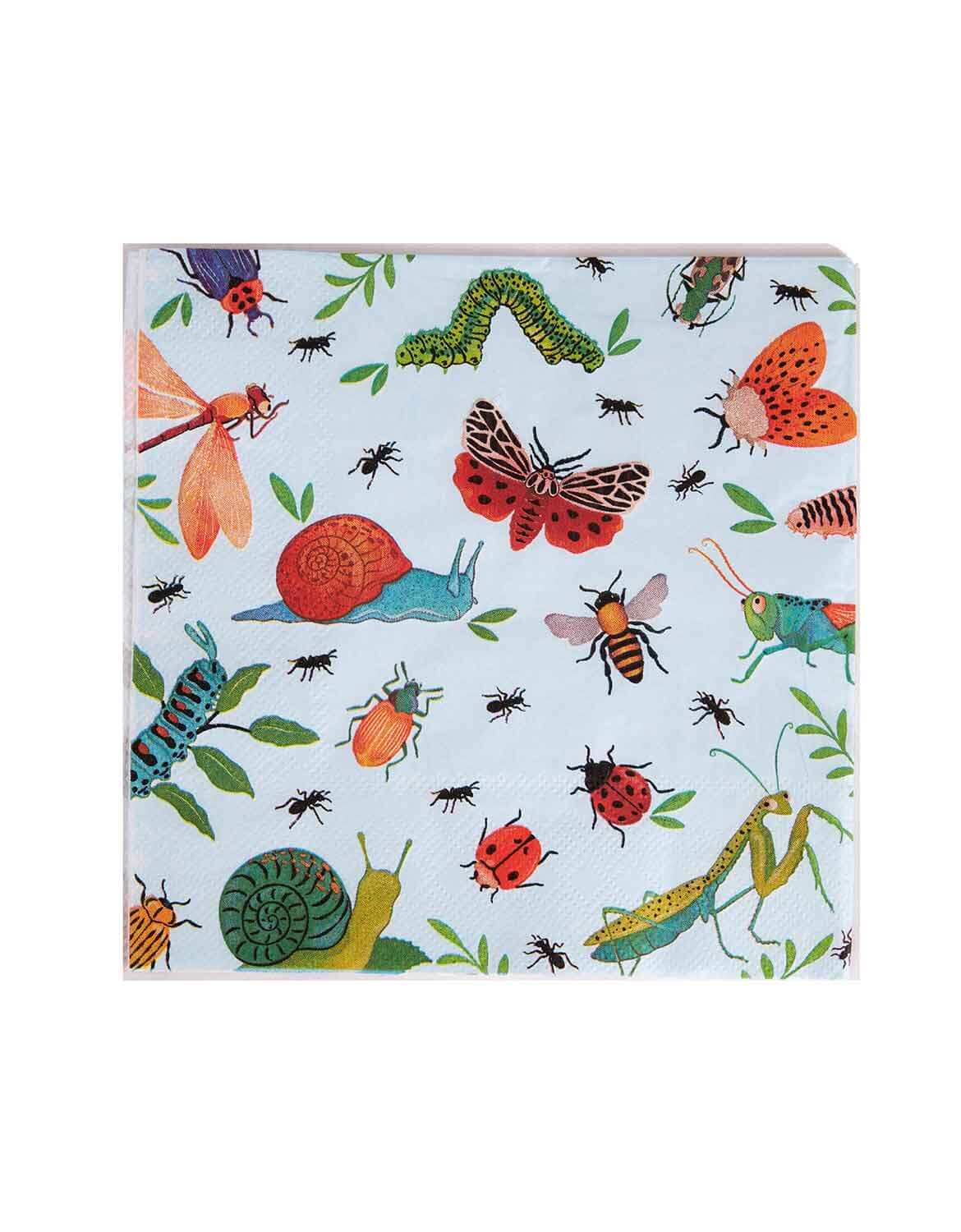 Momo Party's 6.5" light blue bug themed large napkin with colorful insects on a white background.