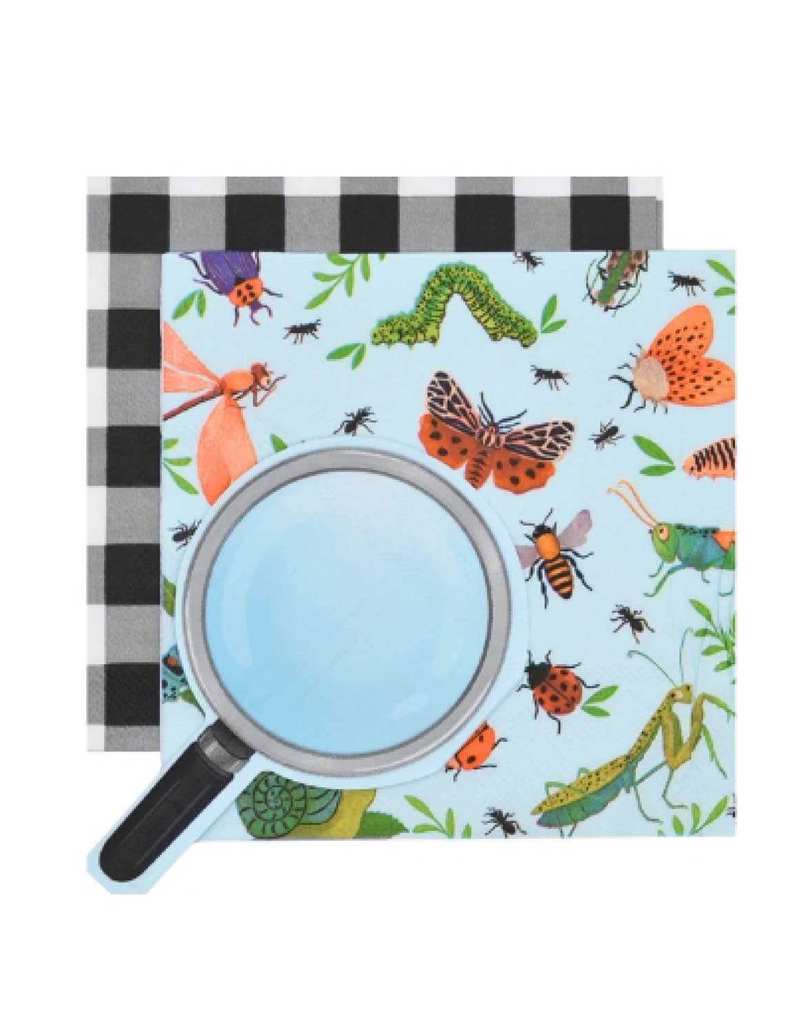 Multiple Momo Party's party napkins with insect design and magnifying glass, checkered border on a white background.
